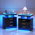 HNEBC Night Stand Set 2 with LED Lights, High Gloss Nightstand with 3 Drawers by HNEBC