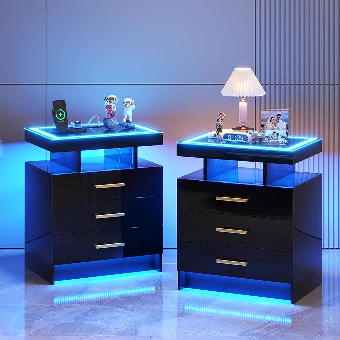 HNEBC Night Stand Set 2 with LED Lights, High Gloss Nightstand with 3 Drawers by HNEBC