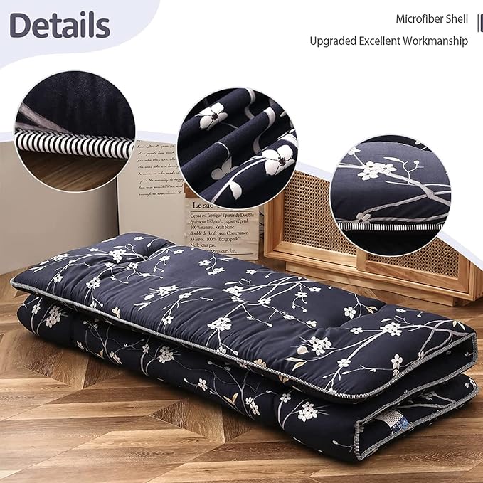 MAXYOYO Navy Floral Printed Japanese Floor Mattress Rustic Style Futon Mattress - Image 6