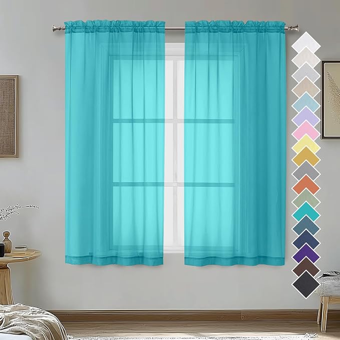 Turquoise Sheer Curtains 54 Inches Long 2 Panels by OVZME