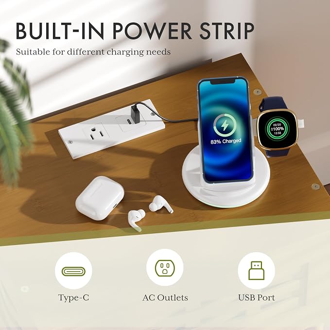Amazer Walnut Nightstand with Charging Station, Bamboo Night Stand - Image 3