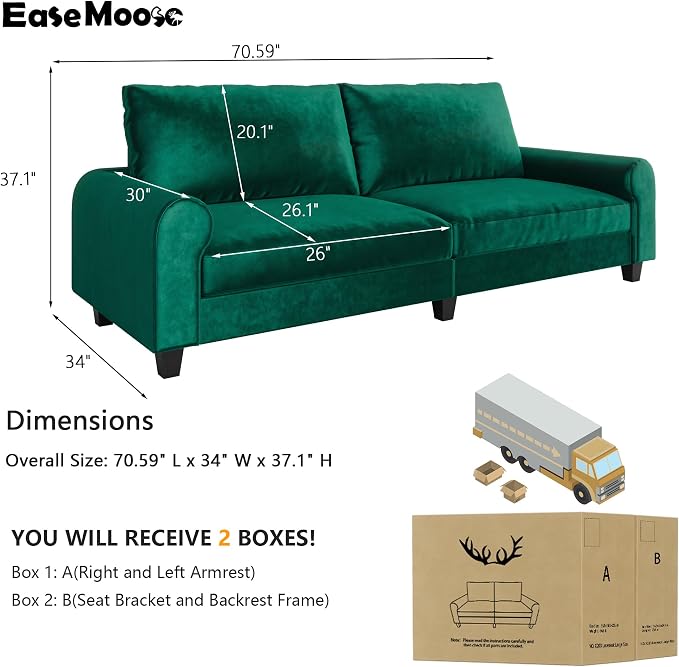 EASE MOOSE 70.6" Velvet Loveseat Sofa, Soft Deep Seat Couches - Image 2