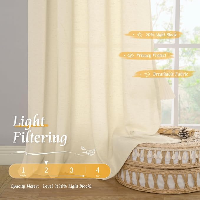 Semi Sheer Beige Linen Curtains 63 Inch Length - Image 4