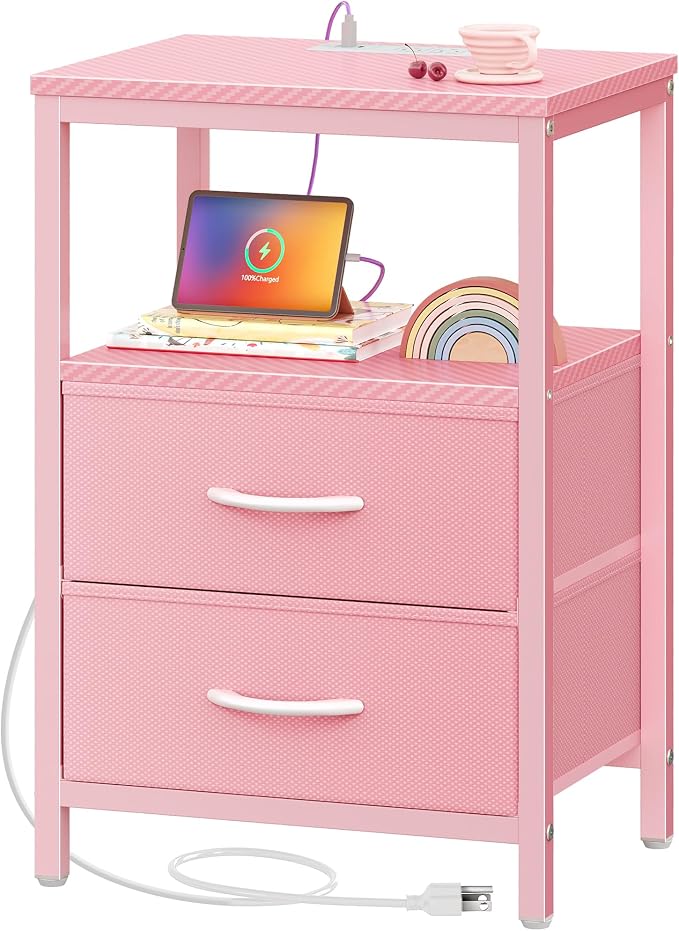 Huuger Nightstand with Charging Station, Side Table with Fabric Drawers by Huuger