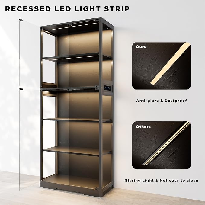 65" Tall Display Case with Glass Doors, Lighted Display Cabinet Bookcase with - Image 8