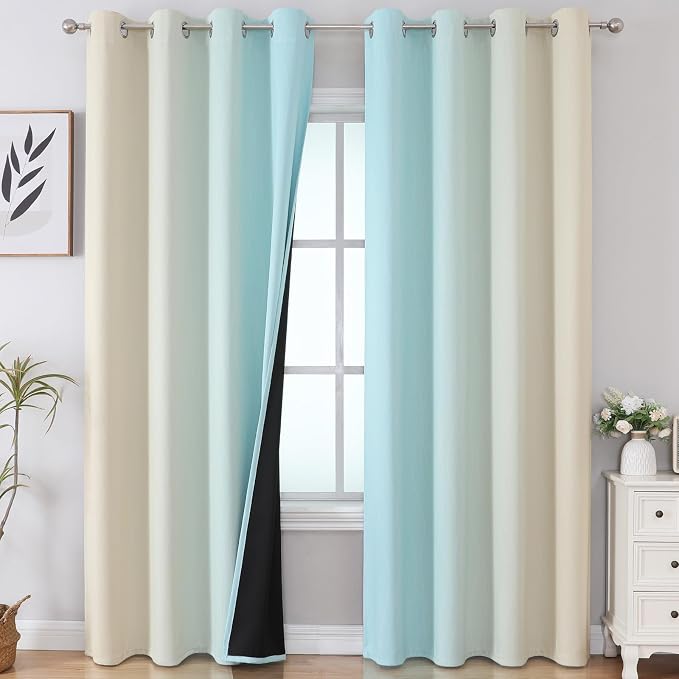 Aqua and Beige Ombre Blackout Curtains - Image 2