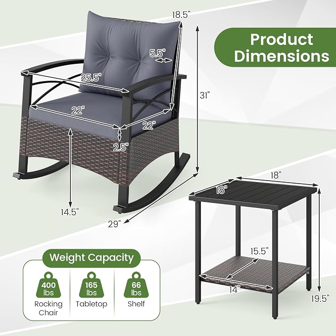 Tangkula 3 Pieces Outdoor Rocking Chairs Set, Rattan Heavy Duty Cushioned - Image 4