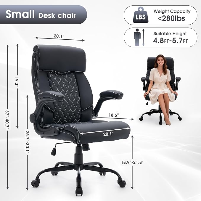 High Back Office Chair with Flip-up Armrests, Leather Comfy Desk Chair with - Image 2