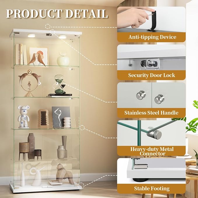 Display Cabinet with Glass Door and Lock, LED Lights 5-Shelf Curio Cabinets - Image 4