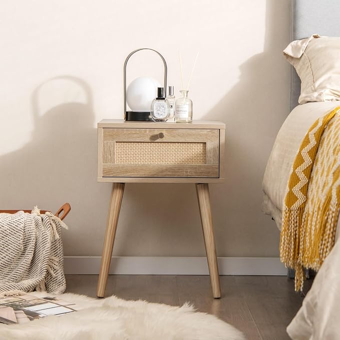 Giantex Boho Rattan Nightstand Set of 2, Mid Century Wood Night Stands - Image 9