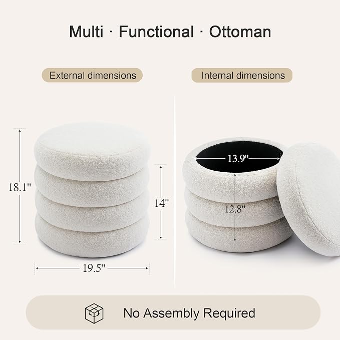 Flouki 19.5" Storage Ottoman Round, Vanity Stools - Image 2