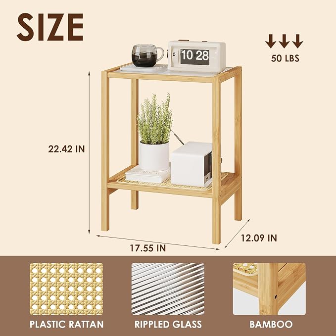 Bamworld Side Table Nature Rattan Night Stand Glass End Table 2-Tier - Image 2