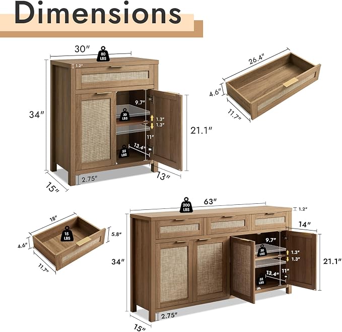 HOKYHOKY 2 Piece Rattan Sideboard Buffet Cabinet, Boho Storage Cabinet - Image 2