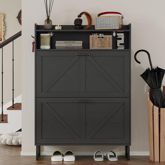 BORNOON Shoe Cabinet with 2 Flip Drawers Narrow Shoe Storage Cabinet Organizer - Image 4