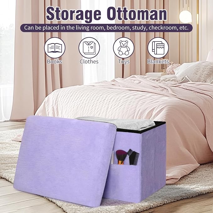 Small Ottoman with Storage, Folding Soft Fur Storage Foot Rest Stool with - Image 3