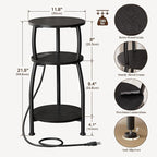 Round Side Table with Power Outlet & USB Ports, 3-Tier End Table with Storage - Image 3