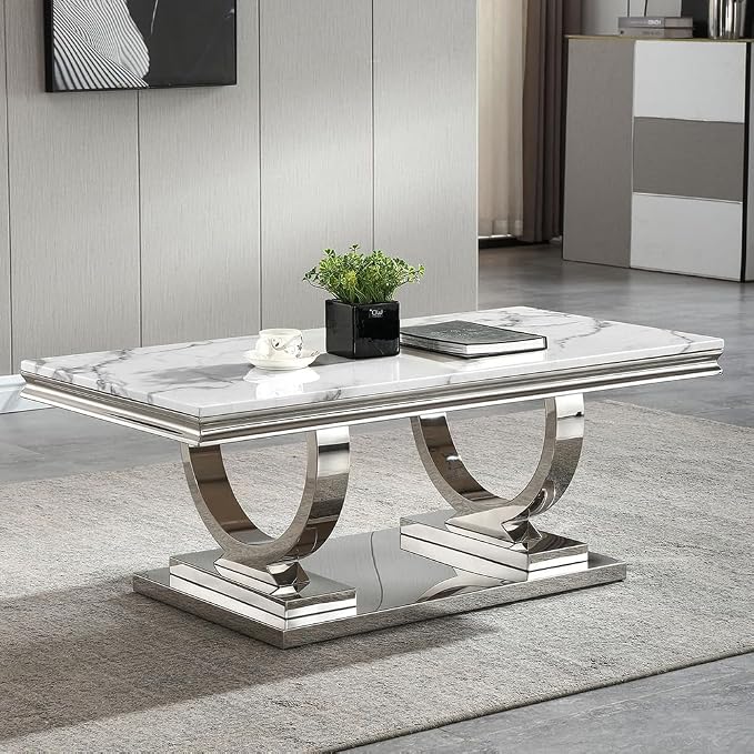 Henf 47" Marble Coffee Table Modern White Faux Marble Center Table - Image 8