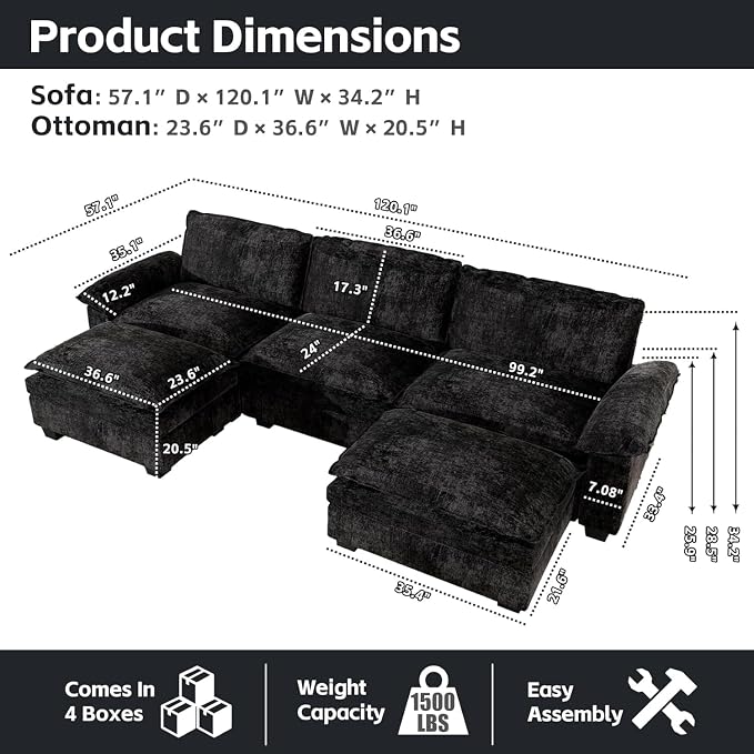 mestyl Modular Sectional Sofa Comfy Cloud Couch, U Shaped 3 Deep Seat Sofa Couch - Image 2