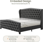 LARMACE King Size Bed Frame Velvet Upholstered Platform Bed - Image 8