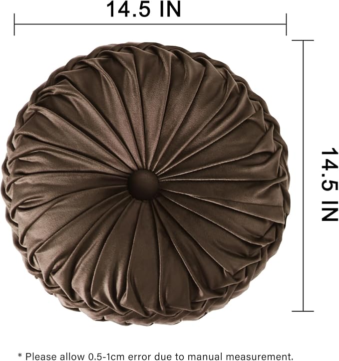 HIG Set of 2 Chocolate Velvet Decorative Round Pleated Throw Pillows | Vintage - Image 4