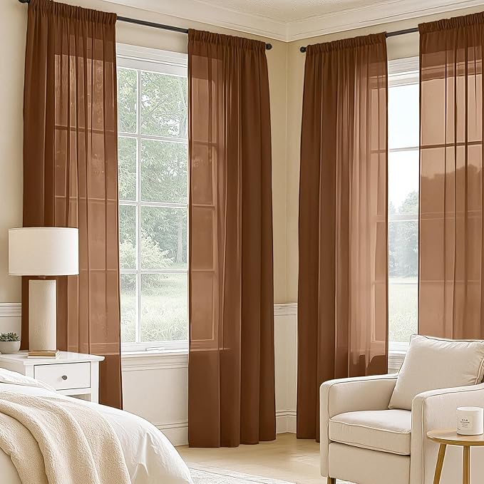 MIULEE Dark Brown Sheer Curtains 90 Inches Long 4 Panels 42 x 90 Inches | Light - Image 2
