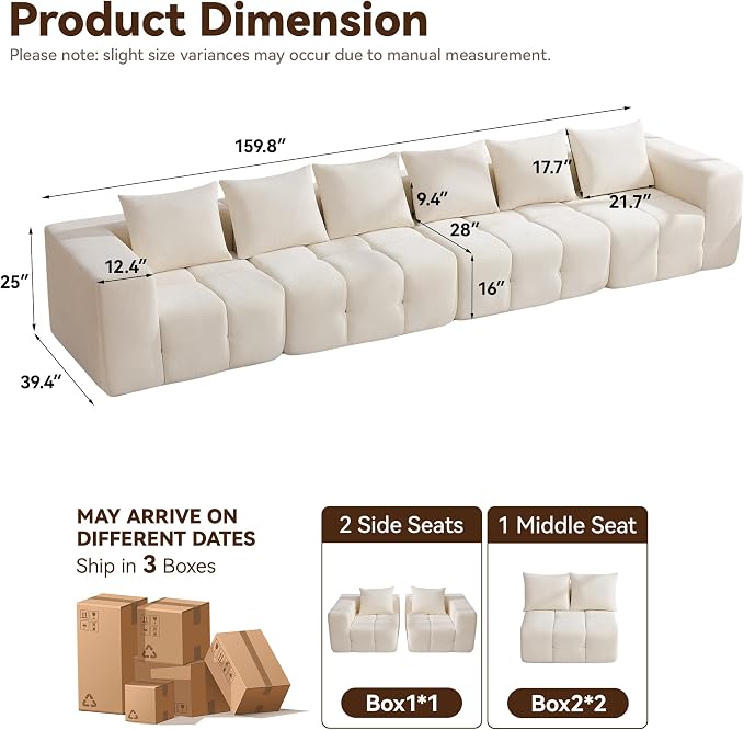 160" Oversized 6 Seater Boneless Couch, Comfy Cloud Modular Sectional Sofa - Image 2