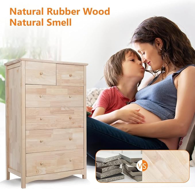 VINGLI Unfinished Natural Solid Wood 6 Drawer Dresser - Image 4