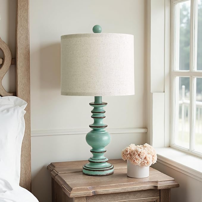 BOBOMOMO 20" Distressed Teal Bedside Lamps Set of 2, Hand-Painted Vintage Resin - Image 2