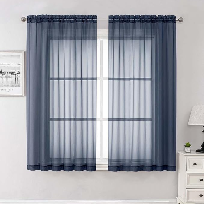 Navy Blue Sheer Curtains 63 Inch Length 2 Panels, Rod Pockets Window Treatments by Lecloud