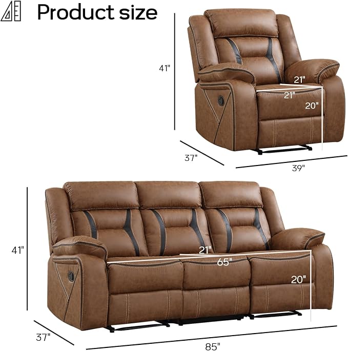 EBELLO Manual Recliner Sofa Set, Faux Leather Reclining Living Room Furniture - Image 2
