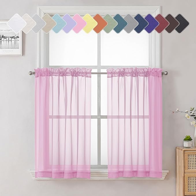 Light Pink Sheer Curtains 36 Inch Length 2 Panels, Elegant Voile Cafe Short by Lecloud