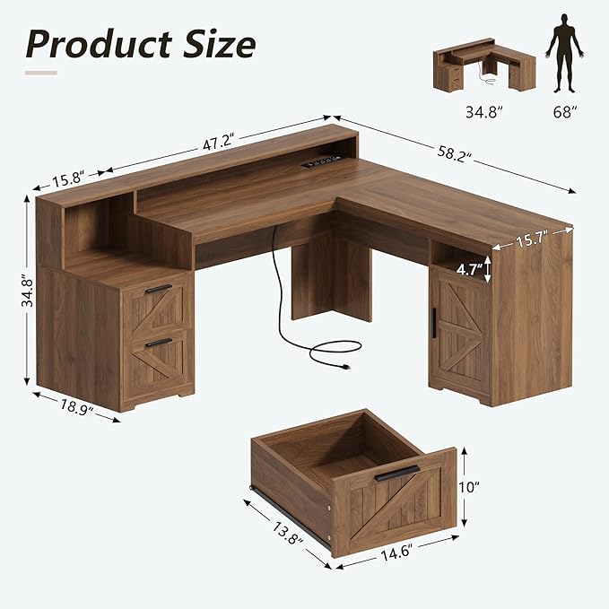 YOMILUVE 63" Farmhouse L Shaped Executive Desk - Image 2