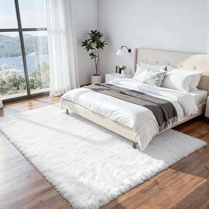 8x10 Fluffy Shag Area Rugs for Living Room Bedroom: Soft Plush Carpet White | - Image 2