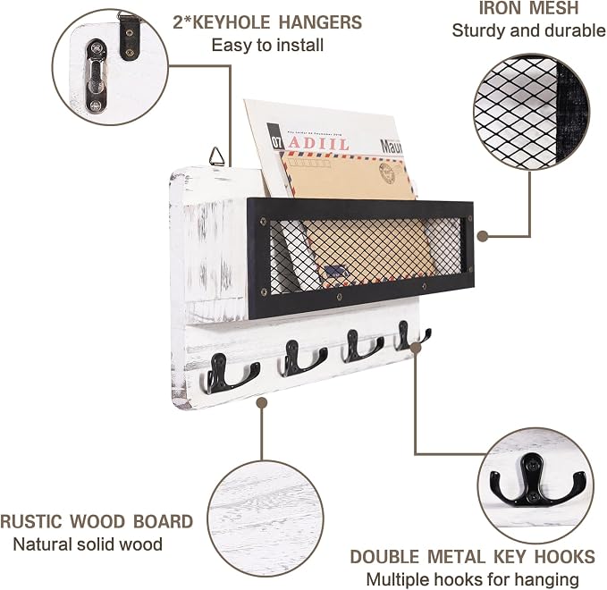 ADIIL Mail and Key Holder for Wall Decorative, Wooden Wall Mount Key Rack - Image 4