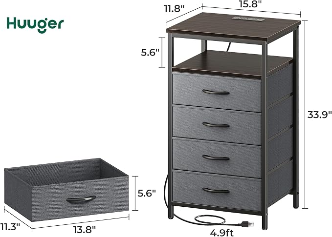 Huuger Night Stand with Charging Station, 4 Drawer Dresser - Image 3