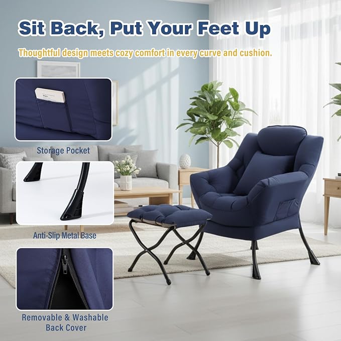 Lazy Chair with Ottoman, Large Accent Chair with Ottoman and a Throw Pillow - Image 4