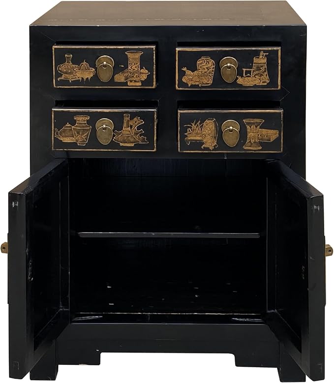 Vintage Oriental Distressed People Golden Graphic Black Side Table Cabinet - Image 5