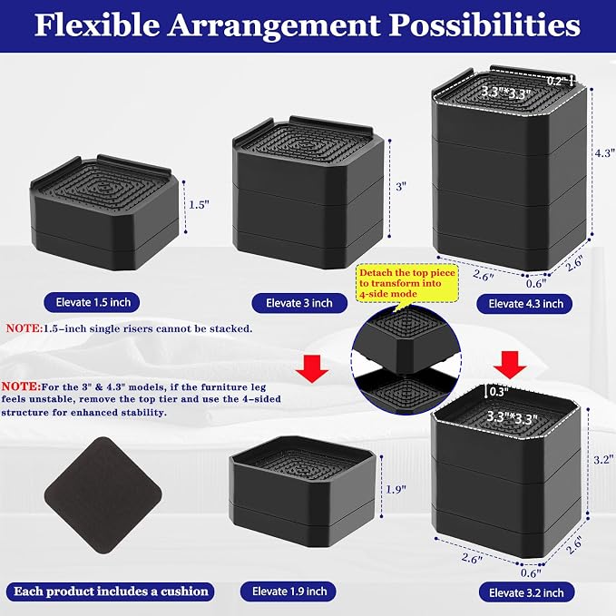 Bed Risers Heavy Duty, Adjustable Furniture Riser Blocks Lift 1.5, 4.3 inches - Image 2