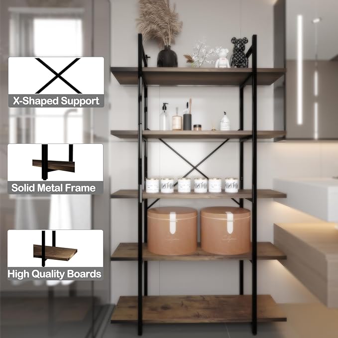 5 Tiers Bookshelf Organizer Industrial Shelf, Modern Open Display Storage - Image 6