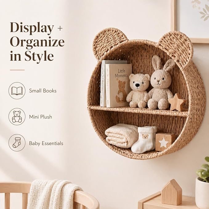 Woven Wall Basket Shelf Bear Nursery Decor — Boho Handwoven Hanging Wall Decor - Image 3