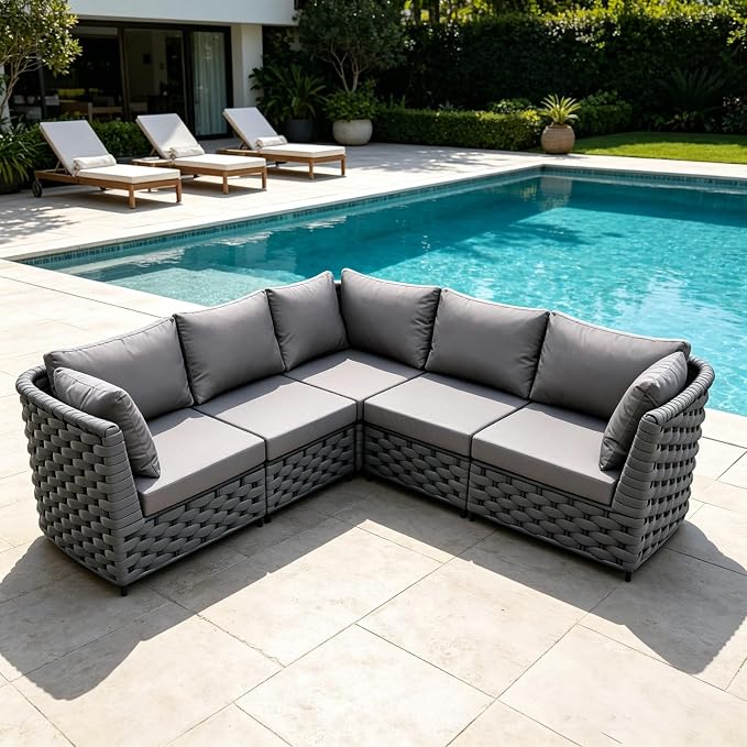 TWT Dark Gray 5-Piece Modular Outdoor Sofa, 5-Seater Free Combination Sectional - Image 7