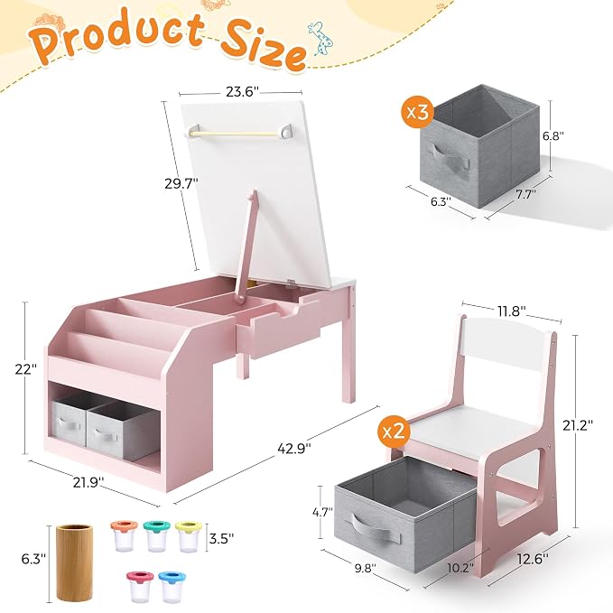 5-in-1 Kids Art Table and Chairs, Wood Toddler Table and Chair Set - Image 3