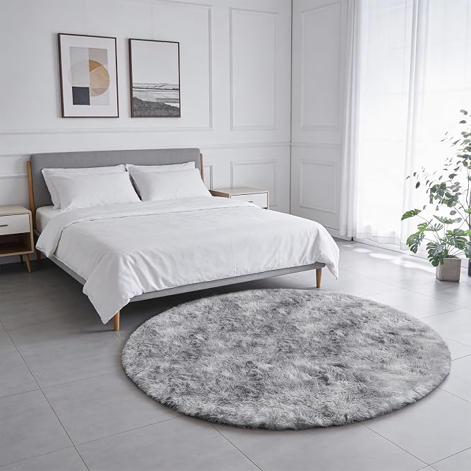 Amdrebio Tie-Dyed Light Grey Fluffy Round Rug 4Ft - Image 9