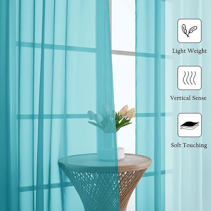 Turquoise Sheer Curtains for Living Room Decor 84 Inches Long 2 Pcs, Light - Image 2