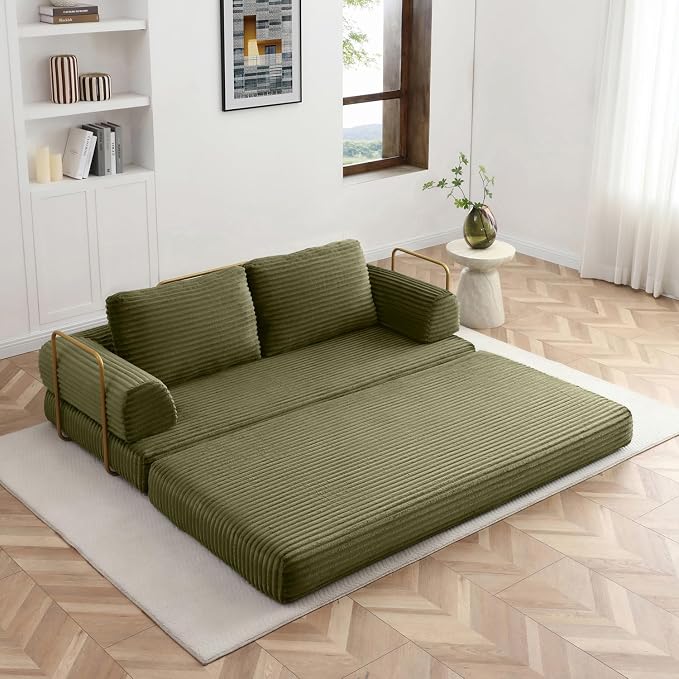 HANXIN 80 Inch Convertible Sleeper Sofa Bed, High Back Plush Corduroy Folding - Image 2