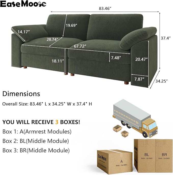EASE MOOSE Comfty 2 Seat Couch, FSC Certified Modern Deep Seat Sectional Modular - Image 2