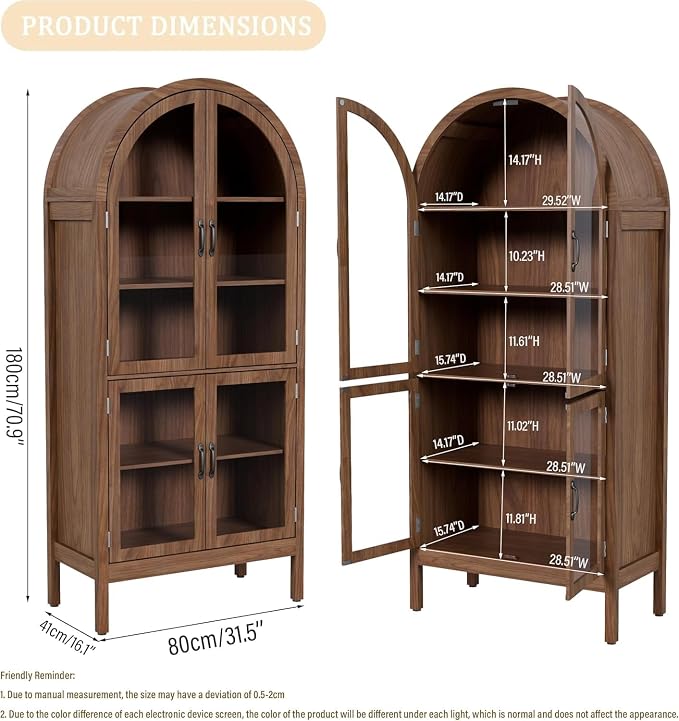 Arched Display Cabinet with Acrylic Glass Doors, 70.9'' Tall Curio Cabinet with - Image 2