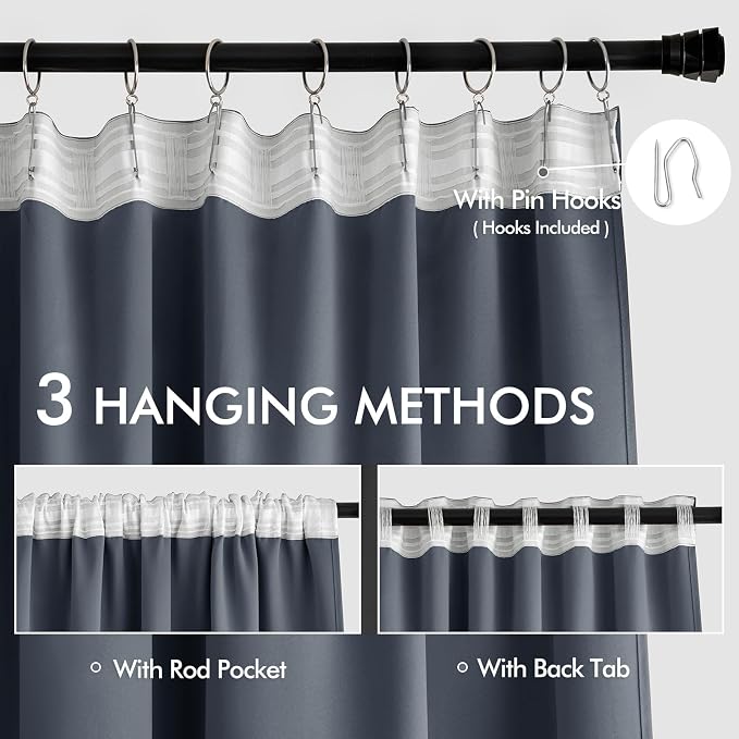 MIULEE Stone Blue Back Tab Blackout Curtains 52x96 Inch Long 2 Panels Set | Rod - Image 3