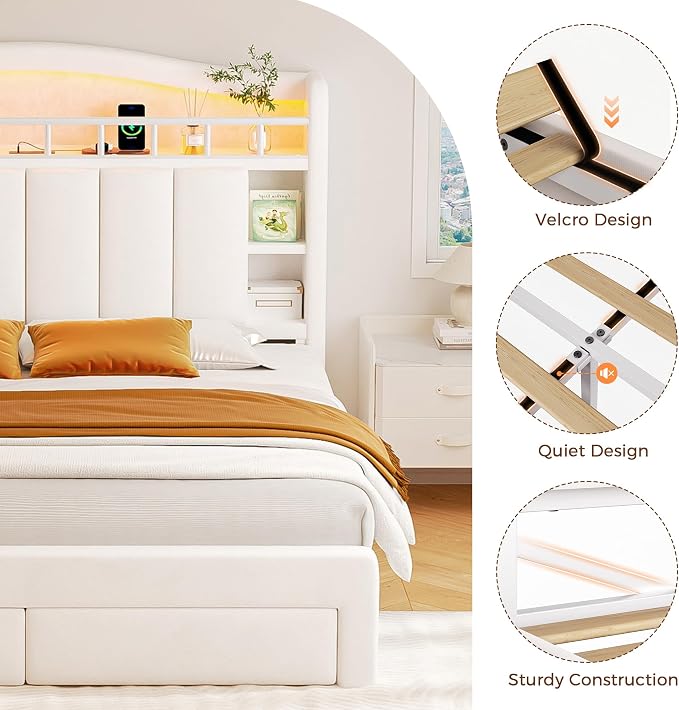 Queen Size Bed Frame with LED Storage Headboard & 2 Storage Drawers, Velvet - Image 9