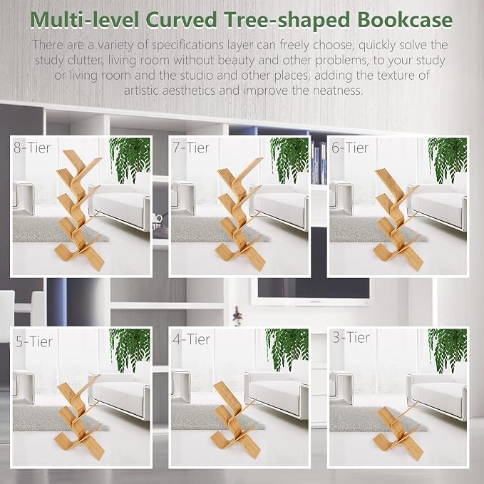 6-Tier Bamboo Tree Modern Bookshelf, Creative Curved Standing Bookcase Rack - Image 3